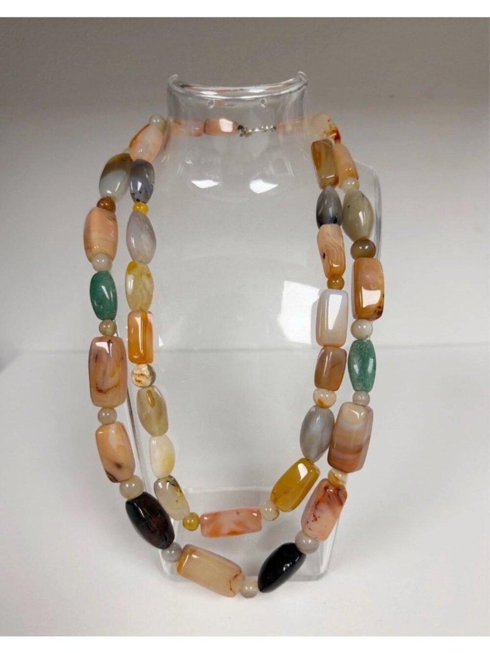 Vtg Multi-Colored Polished Agate Gemstone Beaded Double Layer Chunky Necklace